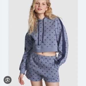 NWT PINK Victoria's Secret Blue Paisley Crop Hoodie and Shorts Set